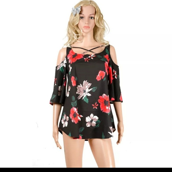 Black and red floral cold shoulder top - Picture 2 of 4